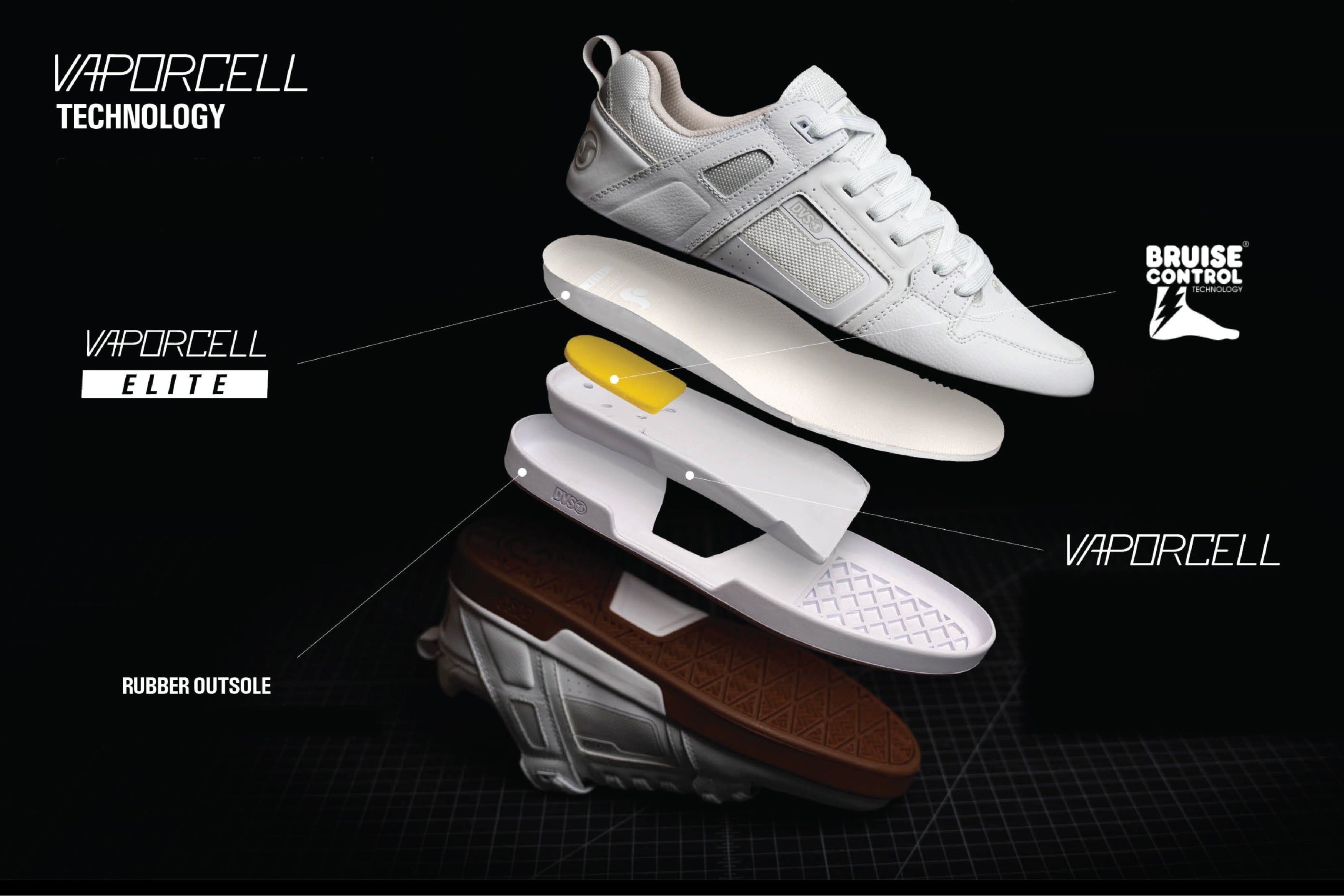 White sneaker with technical features highlighted on a black background
