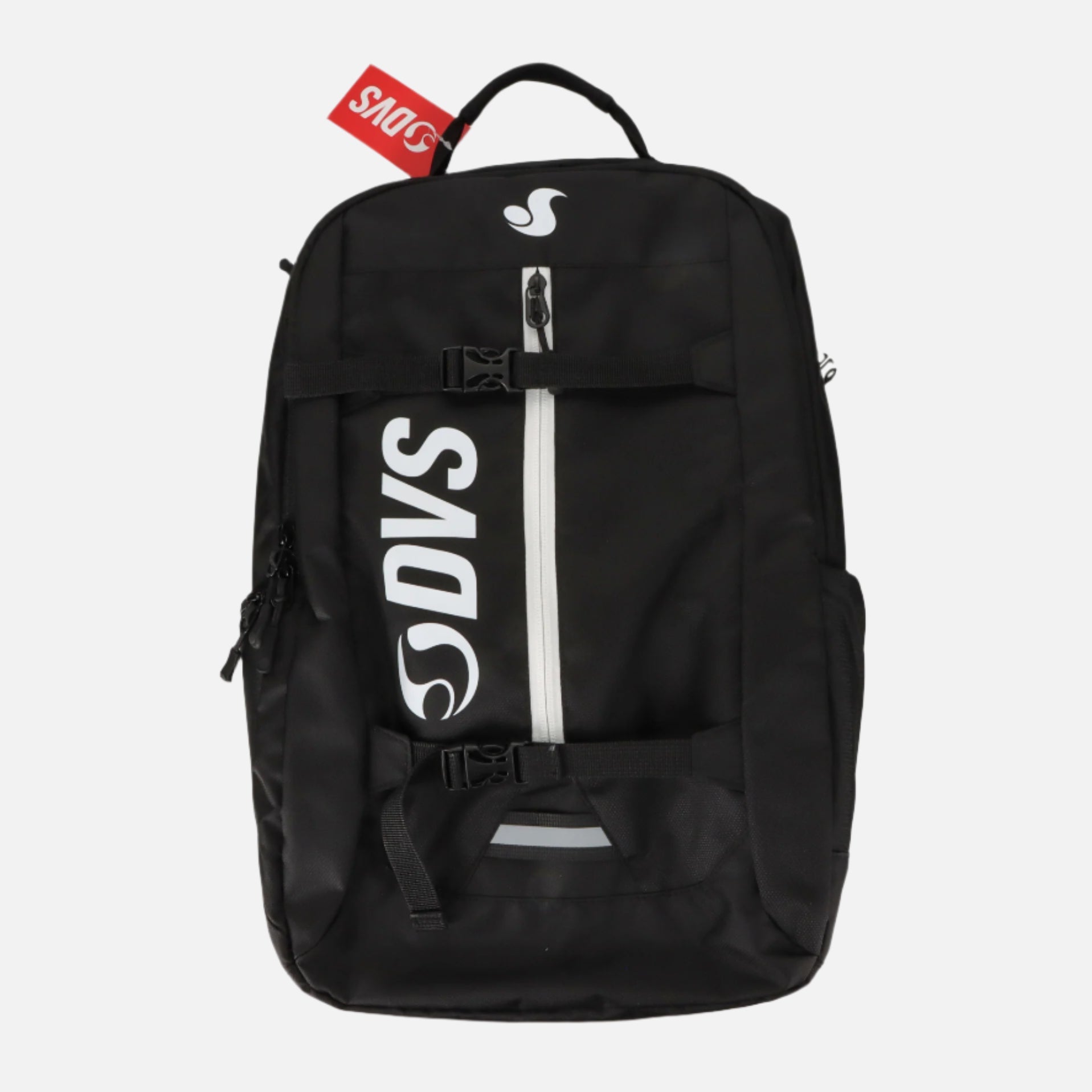 Black backpack with 'DVS' branding on a white background