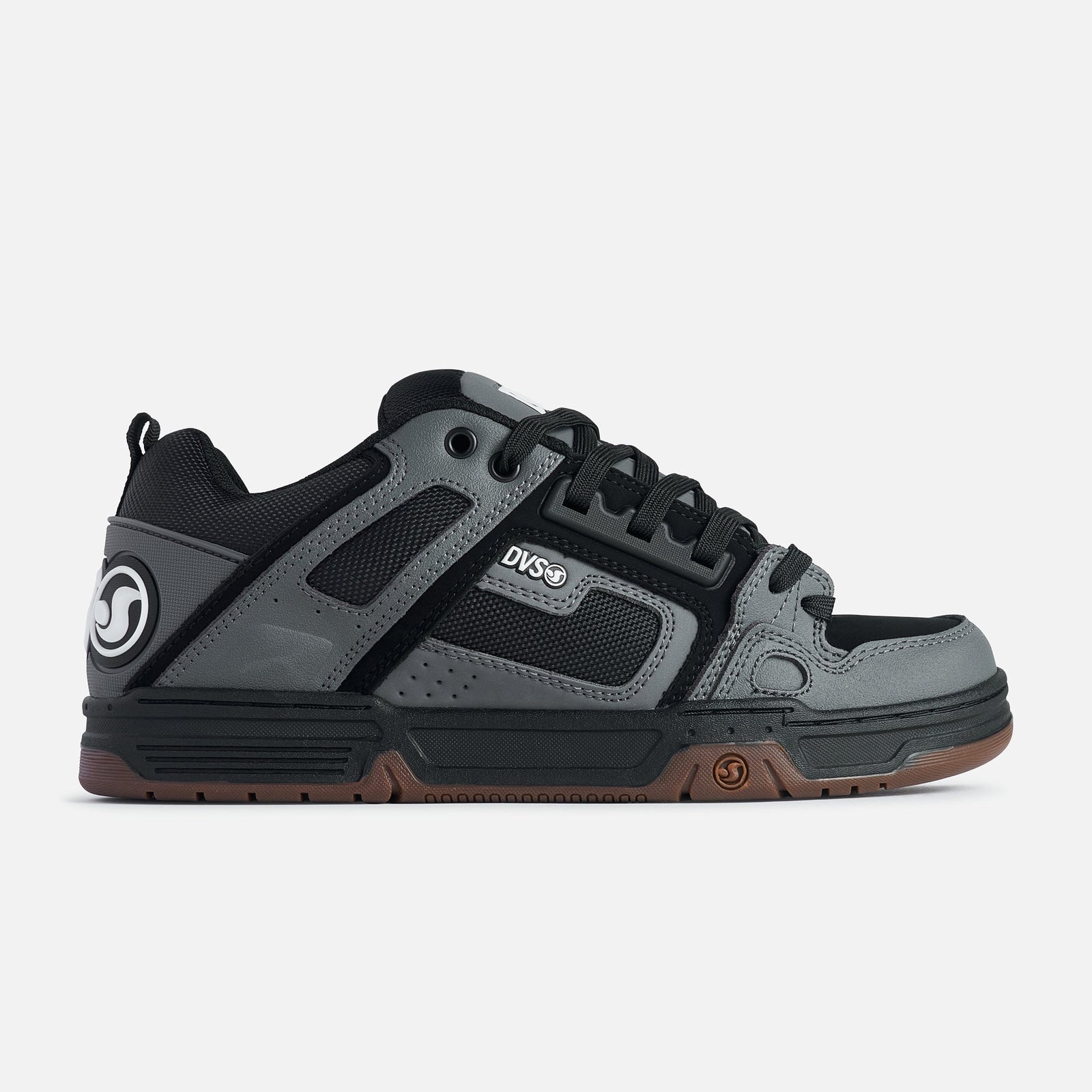 Gray and black sneaker with visible DVS Shoes branding on a white background