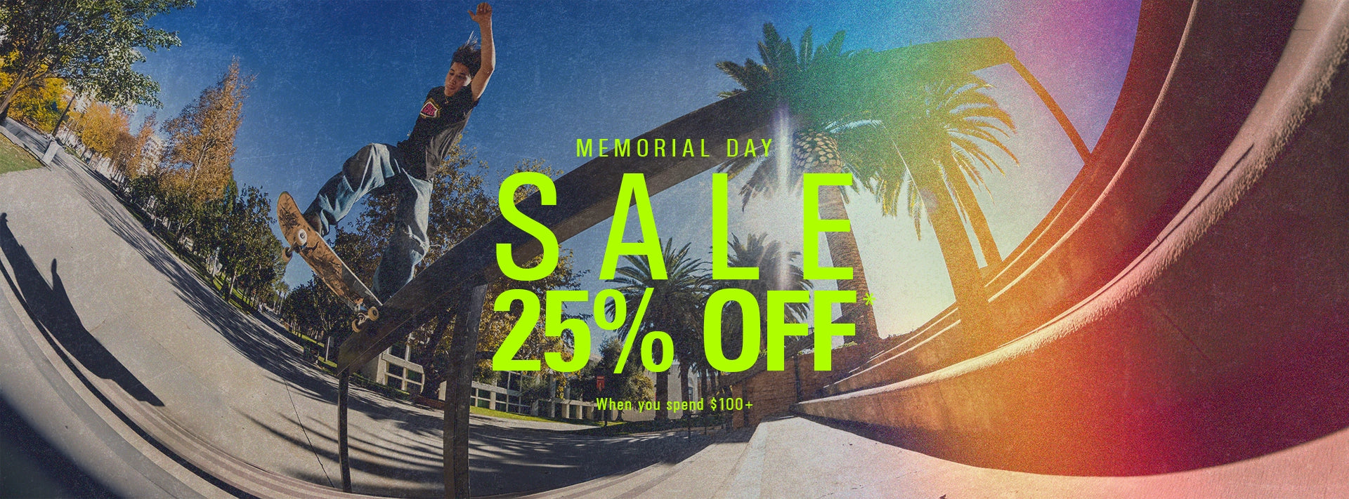 Promotional banner for a Memorial Day sale with a skateboarder on a half-pipe and palm trees in the background.