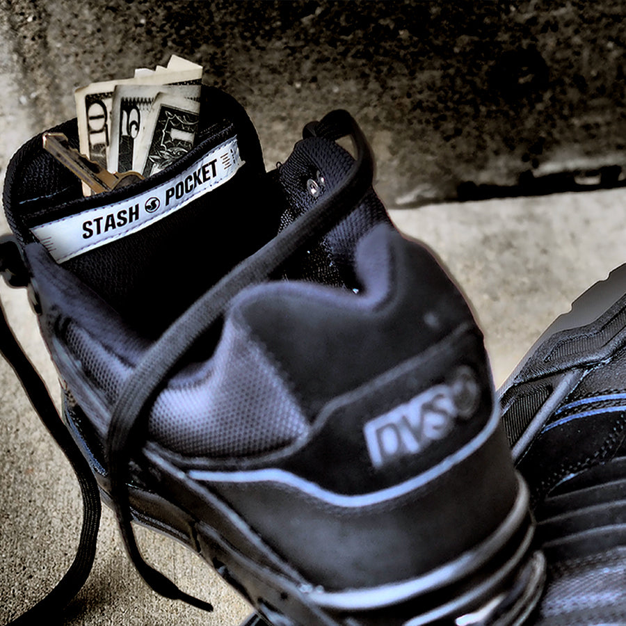 Close-up of the hidden stash pocket inside the tongue of the DVS Enduro Heir skate shoe.