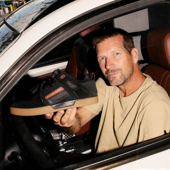 A three-panel collage showing a man wearing black skate shoes with tan and brown gum soles, including a close-up of the shoes, a photo of him sitting in a car window, and a full-body shot of him skateboarding outdoors.