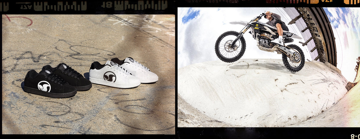 A split-screen collage showing two different product contexts: on the left, a pair of black and white skate-style sneakers with a wolf logo on a concrete surface; on the right, a motocross rider on a dirt bike jumping over a snowy ramp in a stadium.