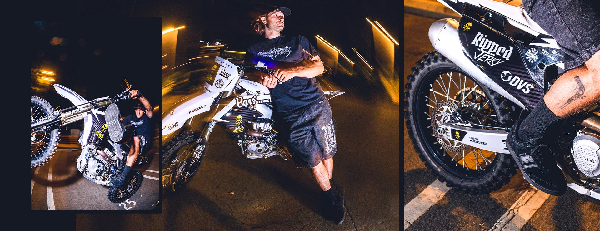 Triptych of a person with a dirt bike at night, featuring brand logos.